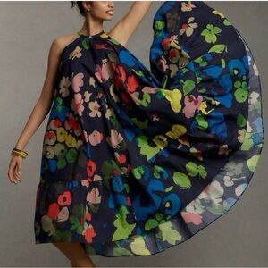 Anthropologie Navy Floral Halter Midi Dress